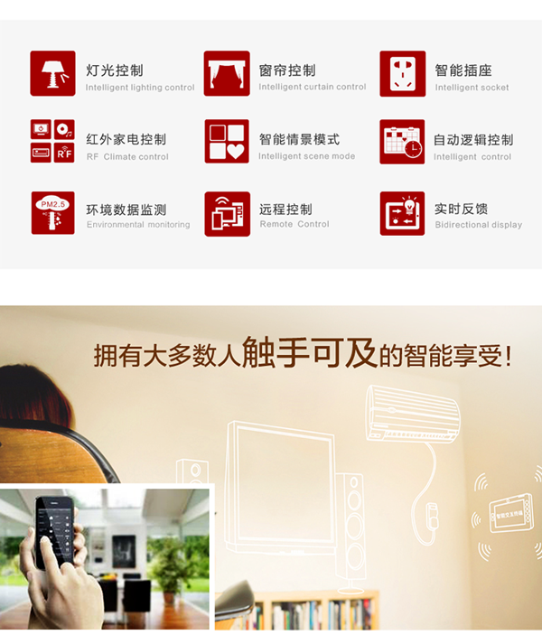 二代全能家電控制器具備功能有：燈光控制、窗簾控制、智能插座控制、紅外家電控制、智能情景模式、自動邏輯控制、環(huán)境數(shù)據(jù)監(jiān)測、遠程控制、實時反饋。